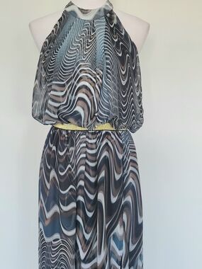 Sleeveless Black Gold Wave-Print Artsy Front Slit Maxi Dress Sz Medium/Large